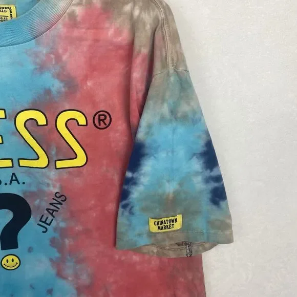 Guess x Chinatown Smiley Shirt Adult Medium Colorful Tie Dye Logo Short Sleeve - Picture 3 of 8